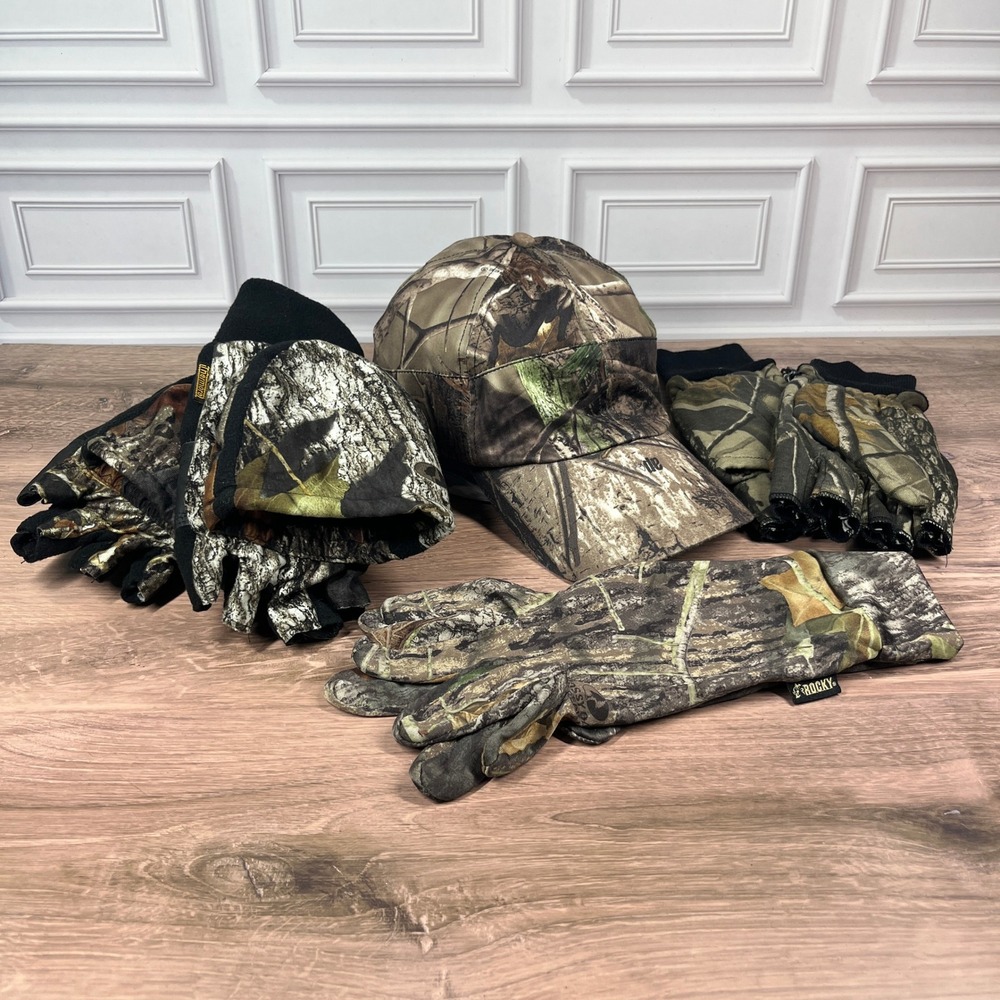 Rocky Whitewater Outdoors Hunting Bundle Men Camo Hat Glomitts Flip Top Gloves